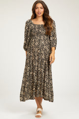 Black Floral Smocked Half Sleeve Maternity Midi Dress