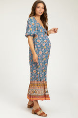 Blue Floral Front Twist Maternity Midi Dress