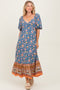 Blue Floral Front Twist Midi Dress
