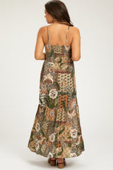 Olive Floral Paisley Front Twist Maternity Maxi Dress