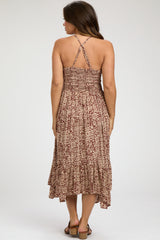 Brown Print Smocked Sleeveless Maternity Midi Dress