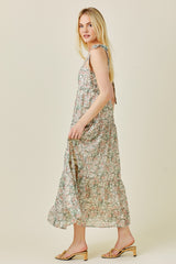 Cream Floral Shoulder Tie Tiered Maxi Dress