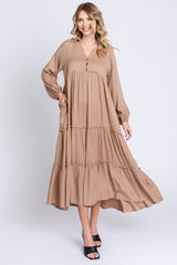 Taupe Button Front V-Neck Ruffle Tiered Midi Dress