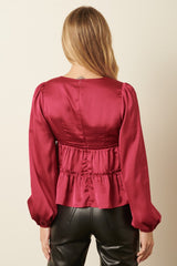 Rose Satin V Neck Peplum Tier Blouse