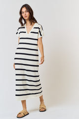 Ivory Striped Knit Collared V-Neck Maternity Midi Dress