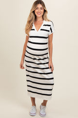 Ivory Striped Knit Collared V-Neck Maternity Midi Dress