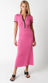 Pink Ribbed Knit Collared Button Front Maternity Dress