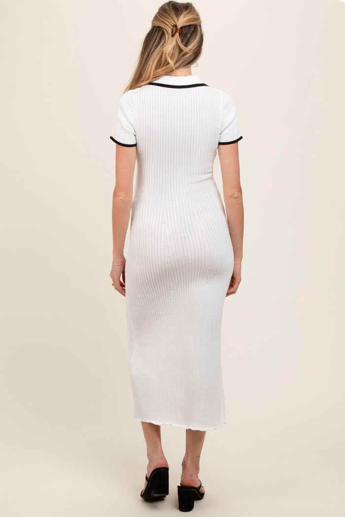 White Ribbed Knit Collared Button Front Maternity Dress