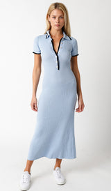 Light Blue Ribbed Knit Collared Button Front Maternity Dress