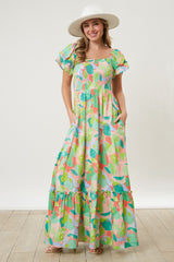 Light Coral Smocked Ruffle Sleeve Maternity Maxi Dress