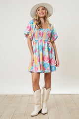 Mint Multi Color Print Smocked Dress