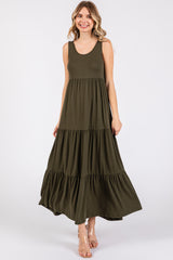 Olive Sleeveless Scoop Back Tiered Maternity Maxi Dress