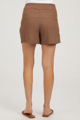 Brown Linen Drawstring Maternity Shorts