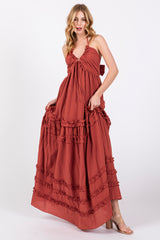 Rust Ruffle Ruched Deep V-Neck Maxi Dress