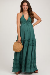 Dark Teal Ruffle Ruched Deep V-Neck Maternity Maxi Dress