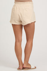 Beige Fringe Hem Maternity Drawstring Shorts