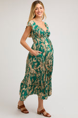 Jade Tropical Print Smocked Short Sleeve Maternity Maxi Dress