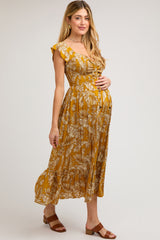 Yellow Tropical Print Smocked Short Sleeve Maternity Maxi Dress