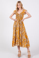 Yellow Tropical Print Smocked Short Sleeve Maternity Maxi Dress