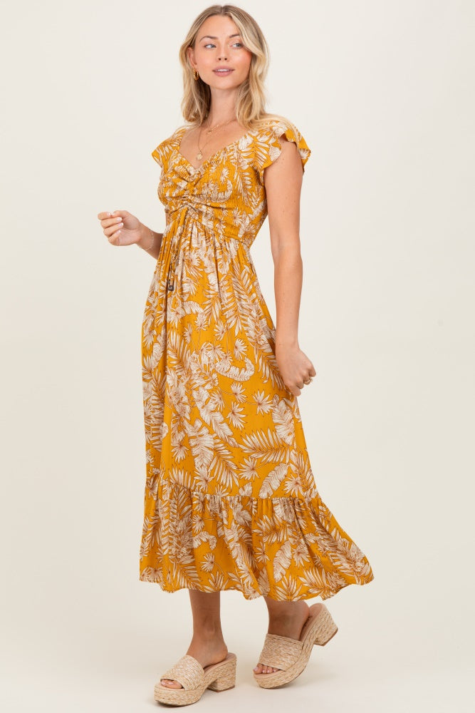 Yellow Tropical Print Smocked Short Sleeve Maxi Dress