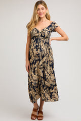 Navy Tropical Print Smocked Short Sleeve Maternity Maxi Dress