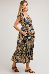 Navy Tropical Print Smocked Short Sleeve Maternity Maxi Dress