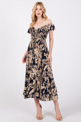 Navy Tropical Print Smocked Short Sleeve Maternity Maxi Dress