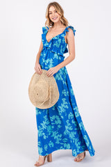 Blue Floral Ruffle V-Neck Back Cutout Maternity Maxi Dress