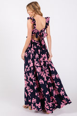 Navy Blue Floral Ruffle V-Neck Back Cutout Maxi Dress