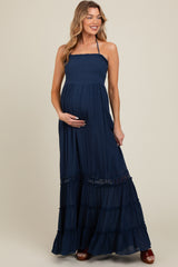 Navy Smocked Open Back Maternity Maxi Dress