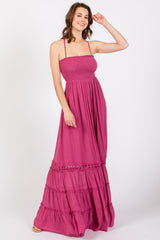 Purple Smocked Open Back Maternity Maxi Dress