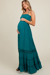 Teal Smocked Open Back Maternity Maxi Dress