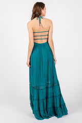 Teal Smocked Open Back Maxi Dress