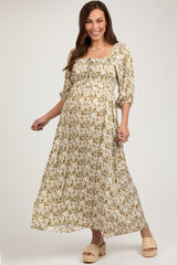 Light Olive Floral Smocked Bodice Maternity Maxi Dress