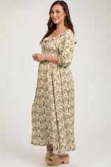 Light Olive Floral Smocked Bodice Maternity Maxi Dress