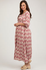 Red Abstract Floral Smocked Maternity Maxi Dress