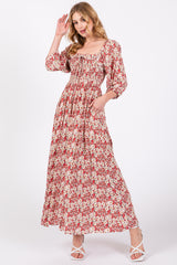 Red Abstract Floral Smocked Maternity Maxi Dress