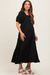 Black Textured Maternity Tiered Midi Dress