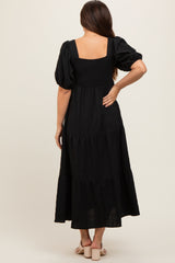 Black Textured Maternity Tiered Midi Dress