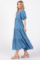 Blue Textured Tiered Midi Dress