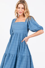 Blue Textured Tiered Midi Dress