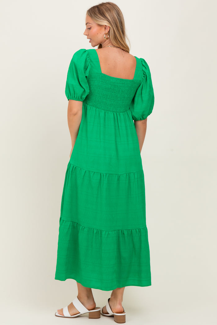 Green Textured Tiered Midi Dress
