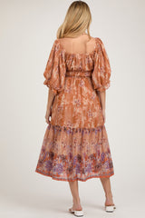 Rust Floral Puff Sleeve Tiered Maternity Midi Dress
