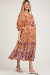 Rust Floral Puff Sleeve Tiered Maternity Midi Dress