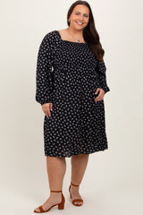 Black Floral Smocked Square Neck Plus Midi Dress