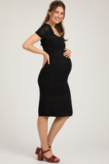 Black Crochet Square Neck Short Sleeve Maternity Dress