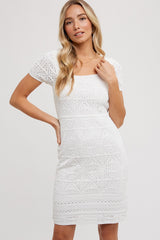 Ivory Crochet Square Neck Short Sleeve Dress