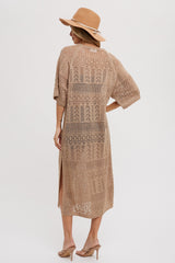 Taupe Open Knit Front Tie Side Slit Midi Swim Cover Up