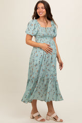 Mint Floral Smocked Short Sleeve Maternity Midi Dress