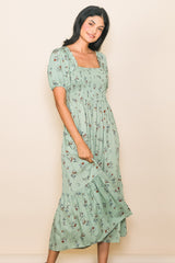 Mint Floral Smocked Short Sleeve Maternity Midi Dress